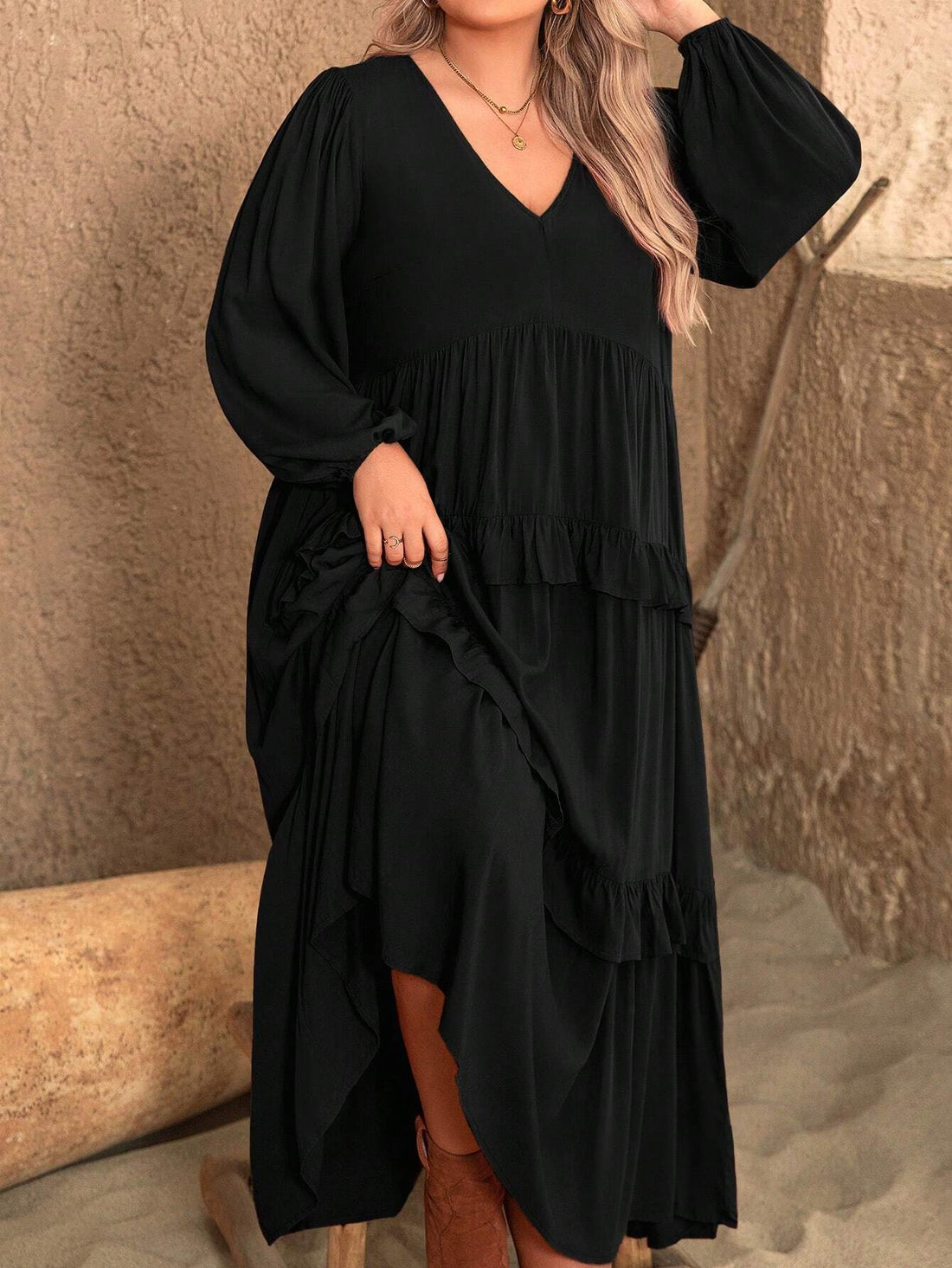 ✨Women's V-neck Solid Color Long Sleeved Layered Ruffle Dress (Buy 2 Free Shipping)