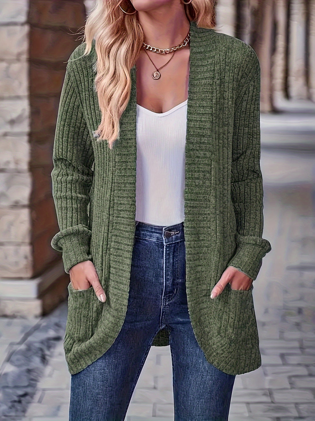 Women's Open Front Casual Ribbed Knit Cardigan with Pockets