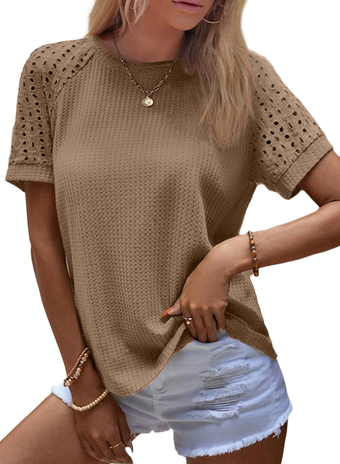 Women's Casual Crew Neck Hollow Out Raglan Short Sleeve Waffle Knit Tops