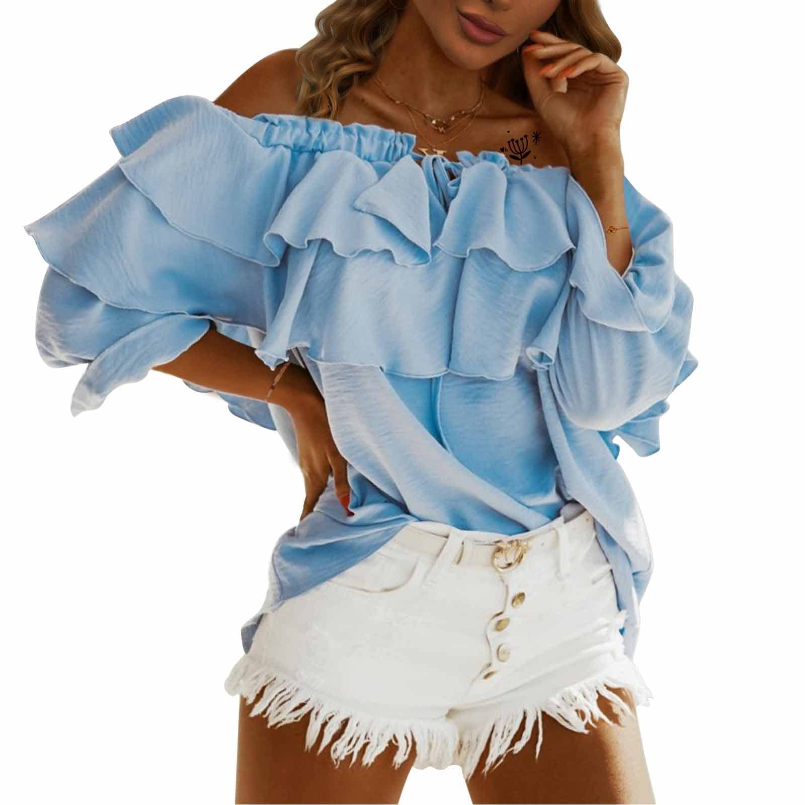 Women's Off Shoulder Ruffle 3/4 Sleeve Blouses Casual Layered Tops