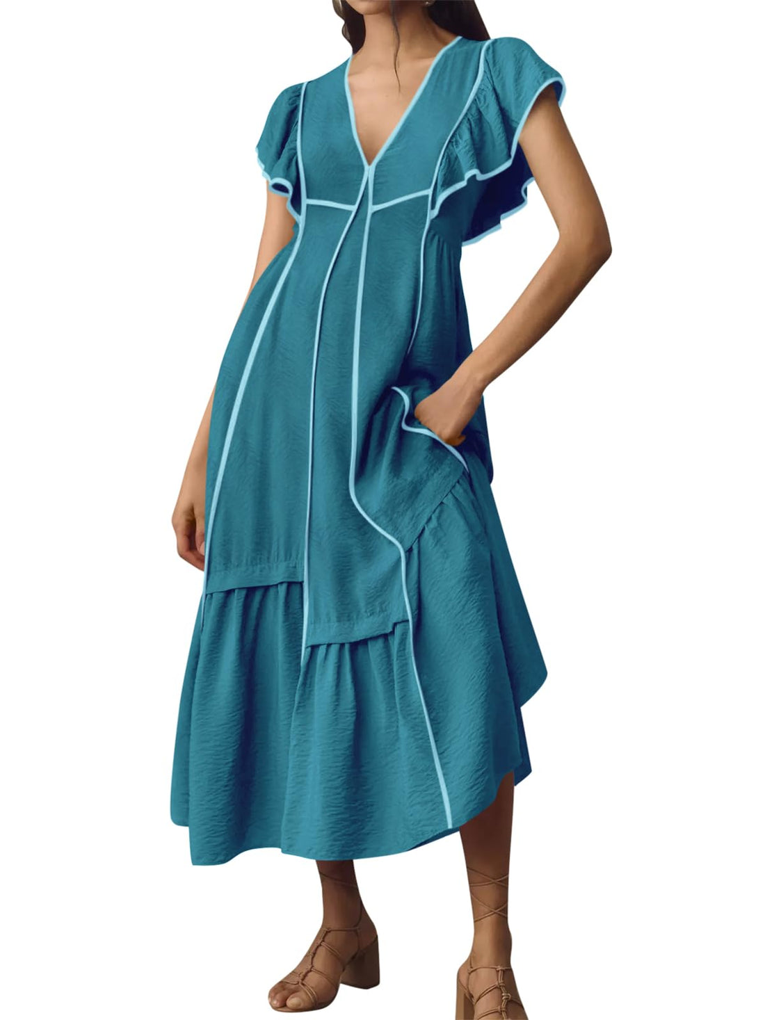 Womens V Neck Casual Ruffle Sleeve Contrast Color Loose Fit Flowy Long Dresses