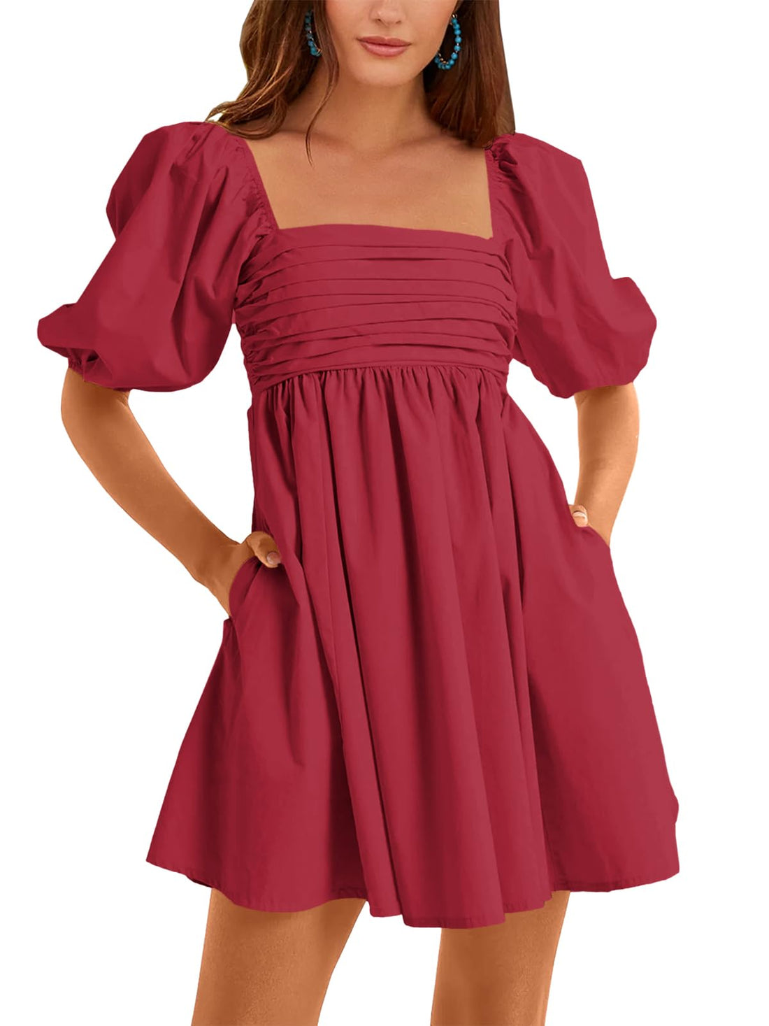 Women's Square Neck Half Puff Sleeve High Waist Casual Backless Smocked Dress with Pockets