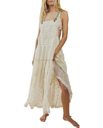 Lace Embroidered Maxi Dress Adjustable Strap Flowy Dress