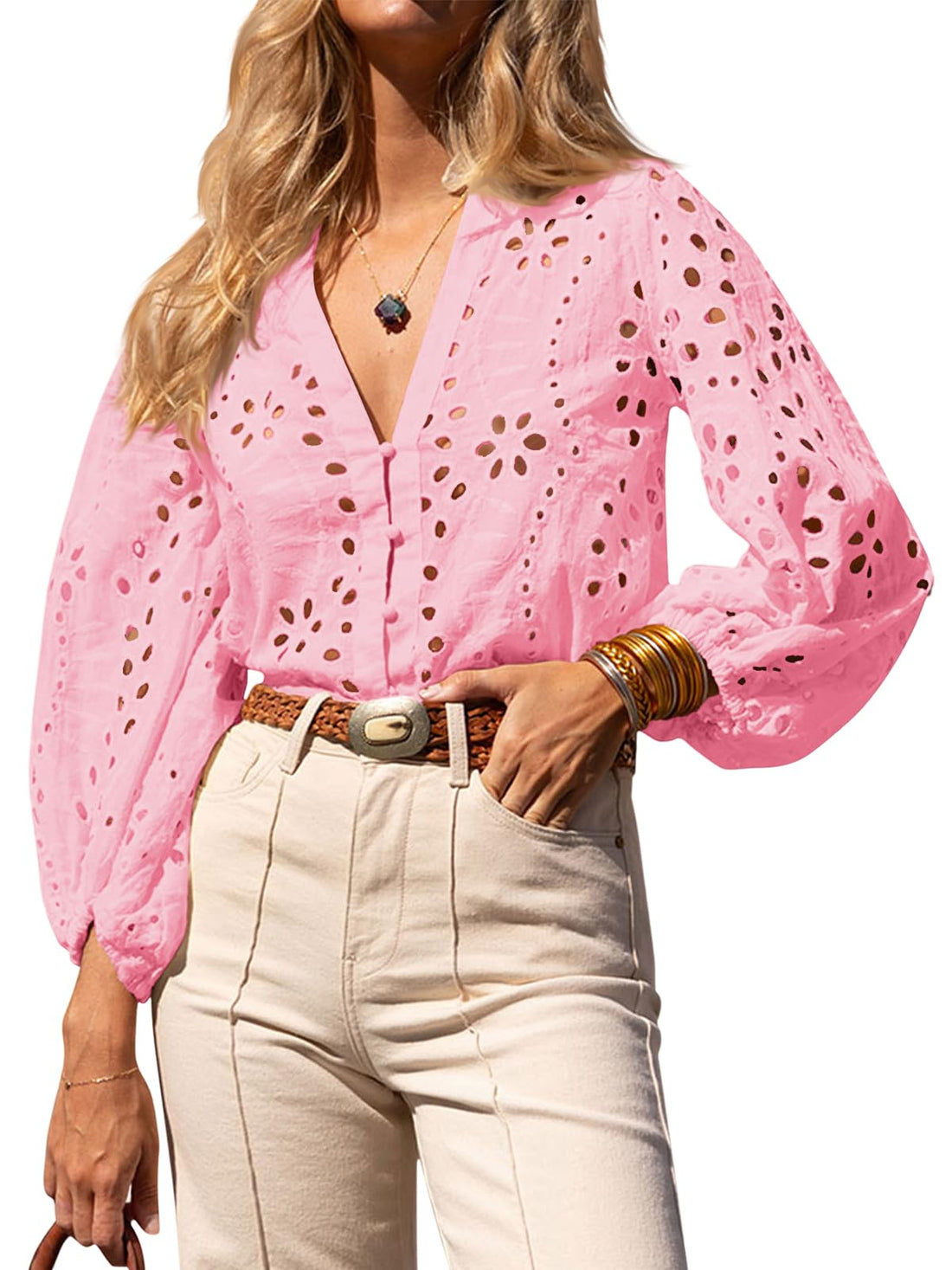 Womens Deep V Neck Eyelet Casual 3/4 Balloon Sleeve Button Down Blouses