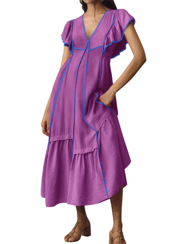Womens V Neck Casual Ruffle Sleeve Contrast Color Loose Fit Flowy Long Dresses