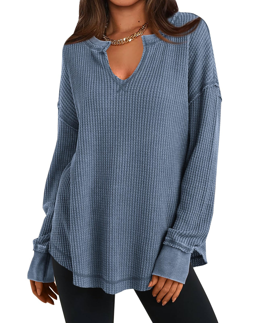Women's Waffle Knit Exposed Seam Pullover