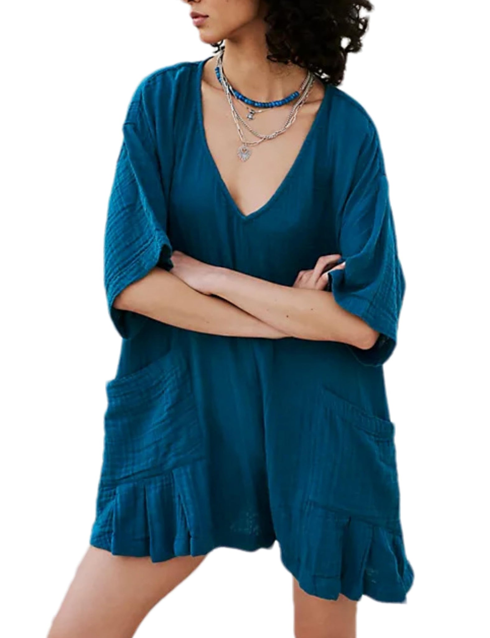 Women's Casual V Neck Romper Dress