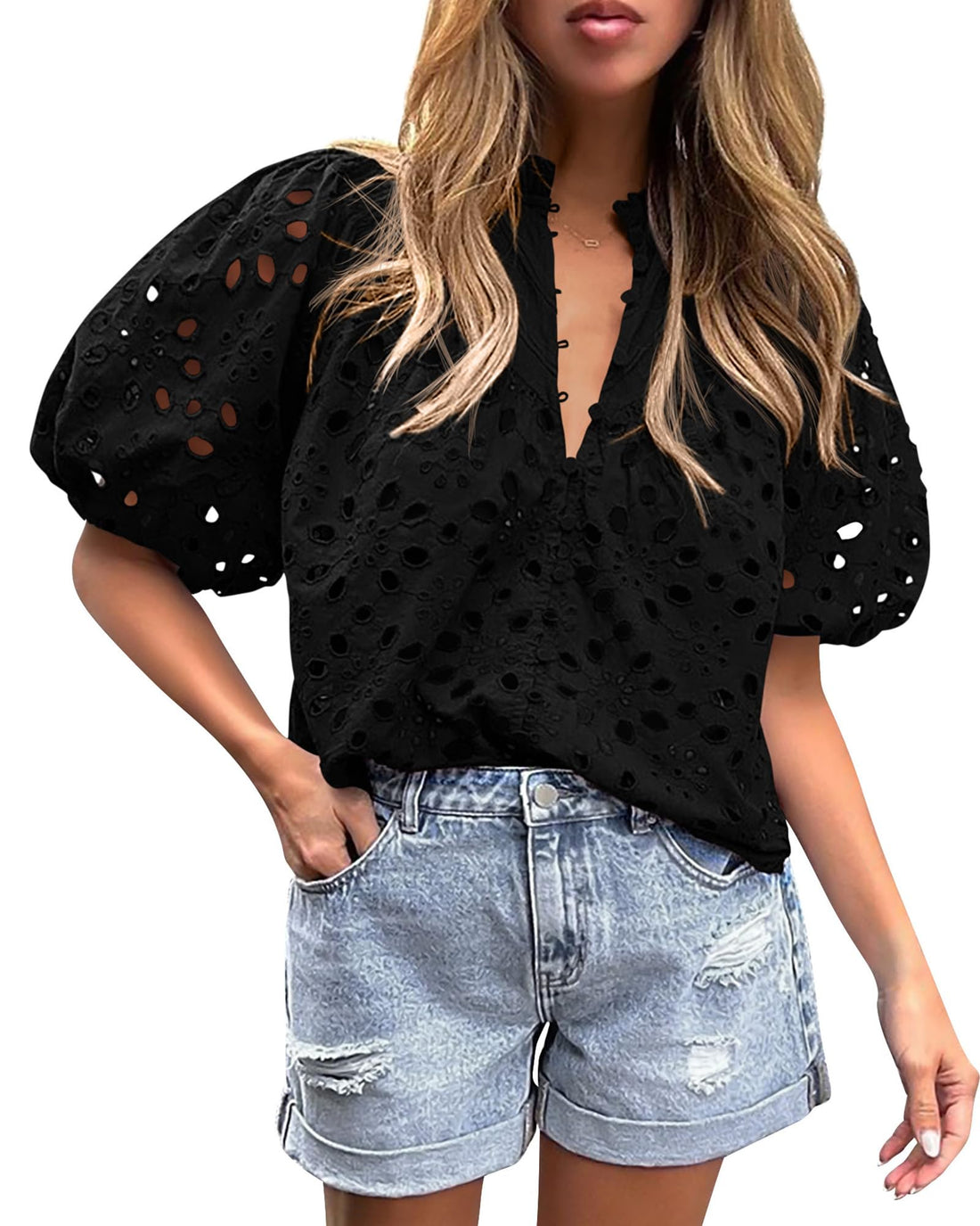 Women's Casual Short Sleeve V Neck Buttons Hollow Out Lace Embroidered Blouses Shirts