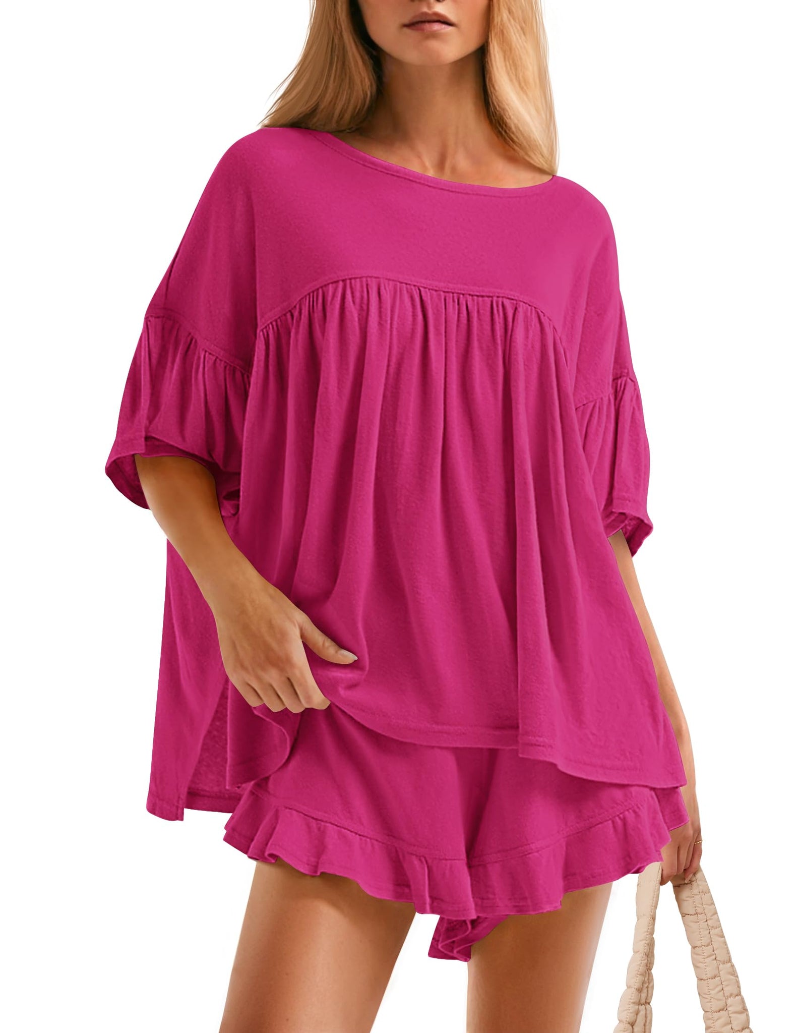 Women's Ruffle Short Sleeve Tops and Shorts Casual Loose Oversized Lounge Sets