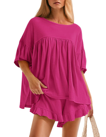 Women's Ruffle Short Sleeve Tops and Shorts Casual Loose Oversized Lounge Sets