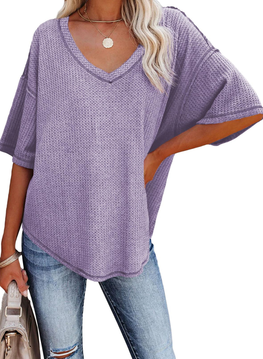 Women's Causual V Neck Short Sleeve Shirts Waffle Knit Loose Tunic Tops