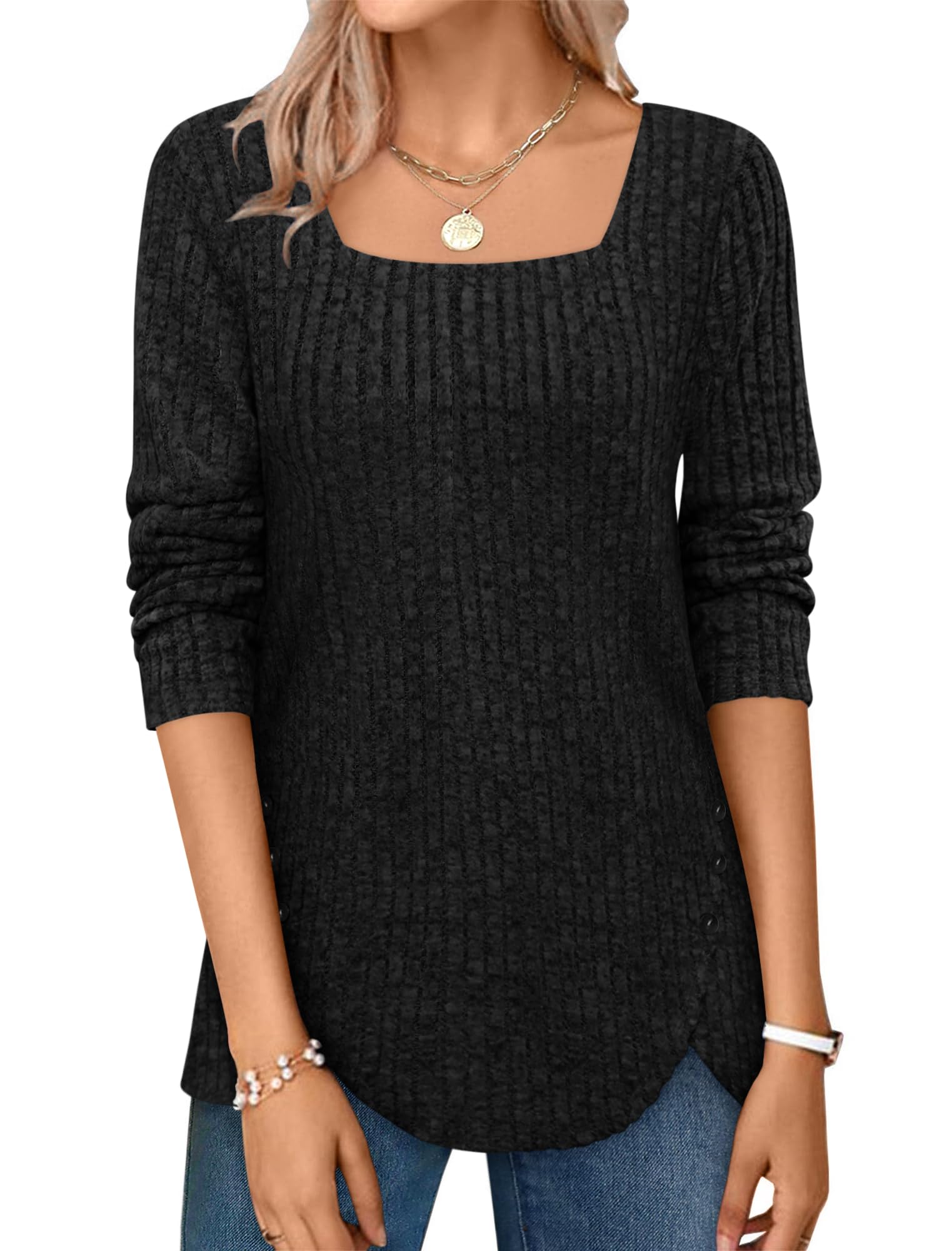 Women's Squared Neck Sweater Ribbed Knit Tunic Tee Shirts
