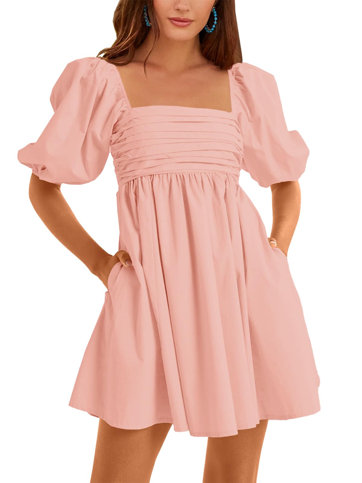 Women's Square Neck Half Puff Sleeve Casual Backless Smocked Dress
