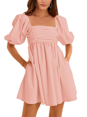 Women's Square Neck Half Puff Sleeve High Waist Casual Backless Smocked Dress with Pockets