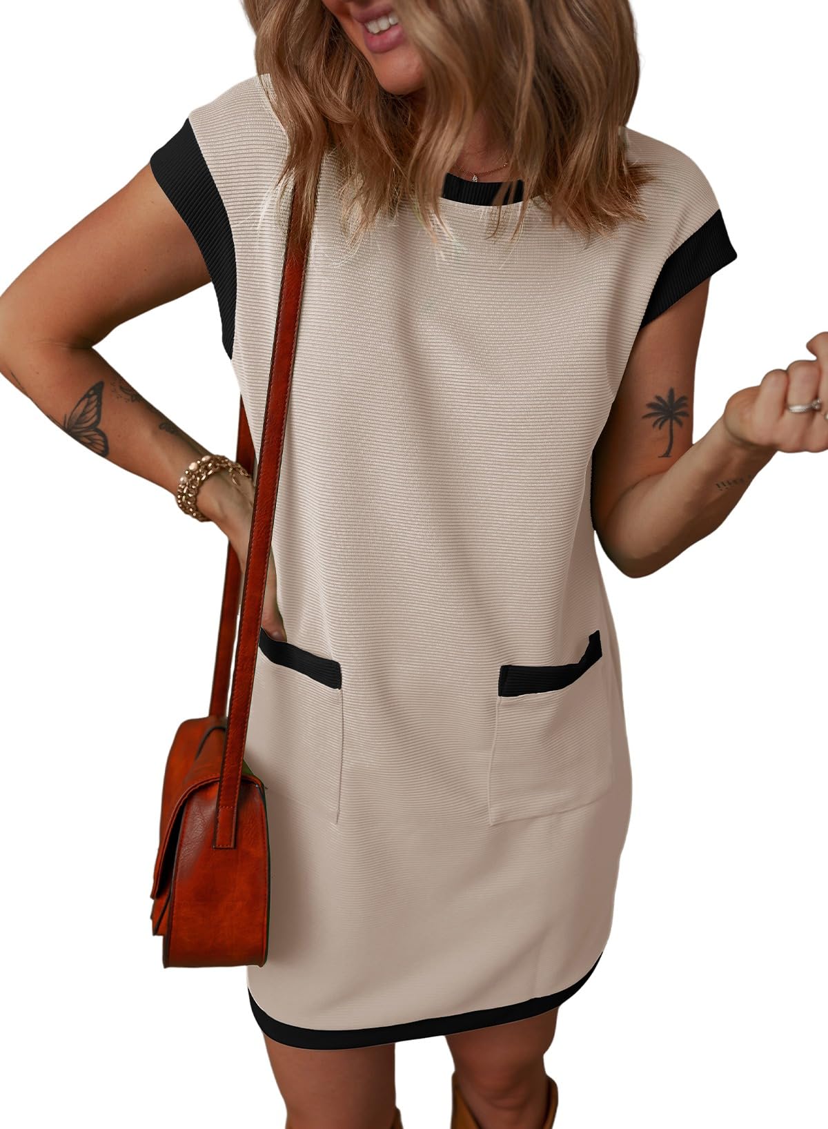 2025 Women's Casual Cap Sleeve Color Block Shift Tshirt Dress With Pockets