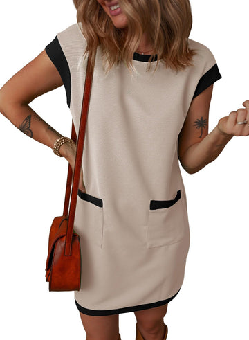 2025 Women's Casual Cap Sleeve Color Block Shift Tshirt Dress With Pockets