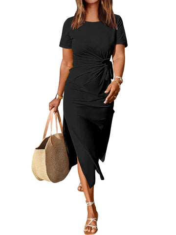 Women's Short Sleeve Crewneck Tie Waist Split Dress