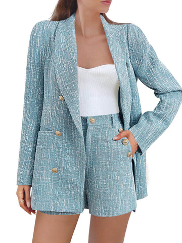 Women's Double Breasted Tweed Suit Set Button Jacket and Shorts