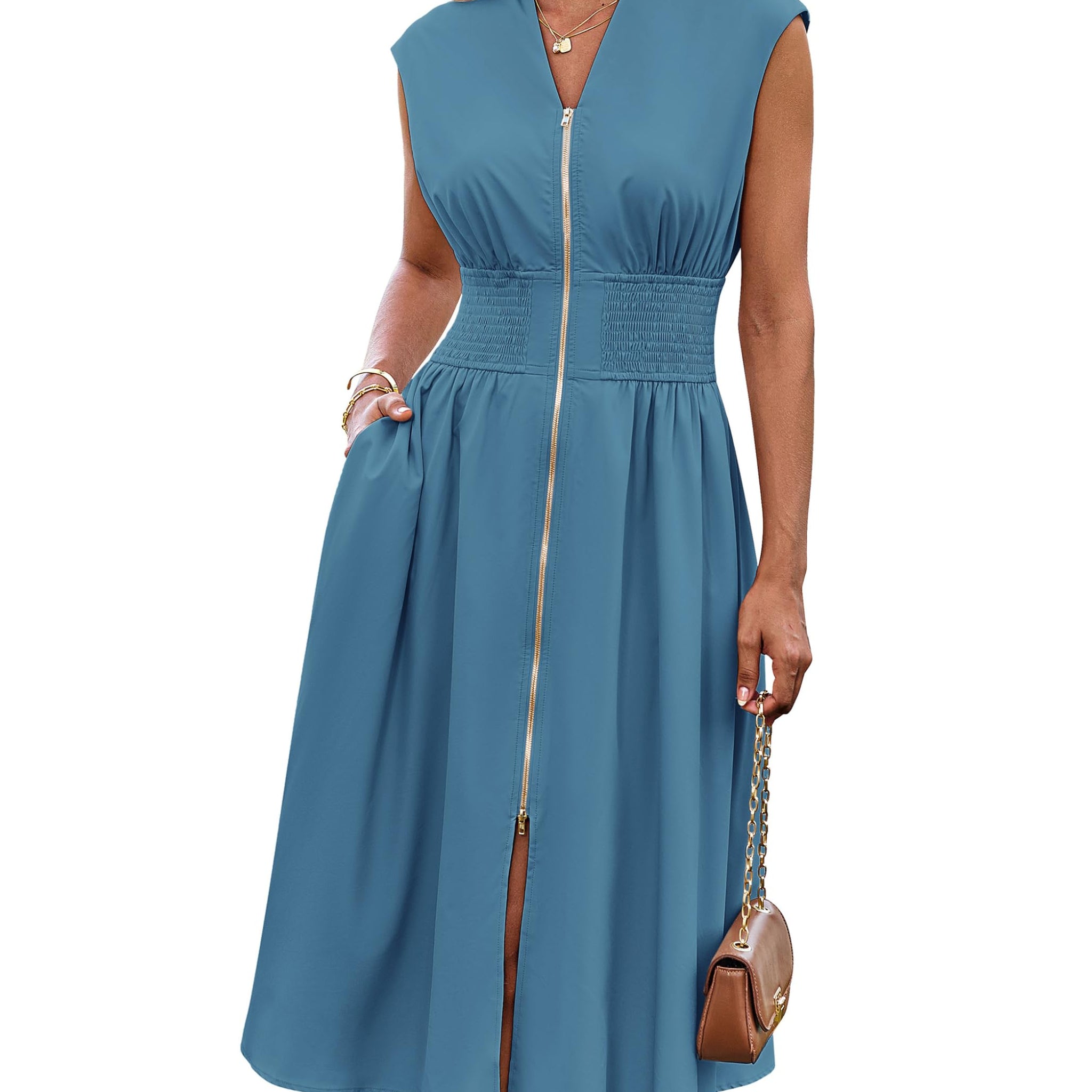 Women's Casual V Neck Cap Sleeve Zipper Front Flowy Dress with Pockets