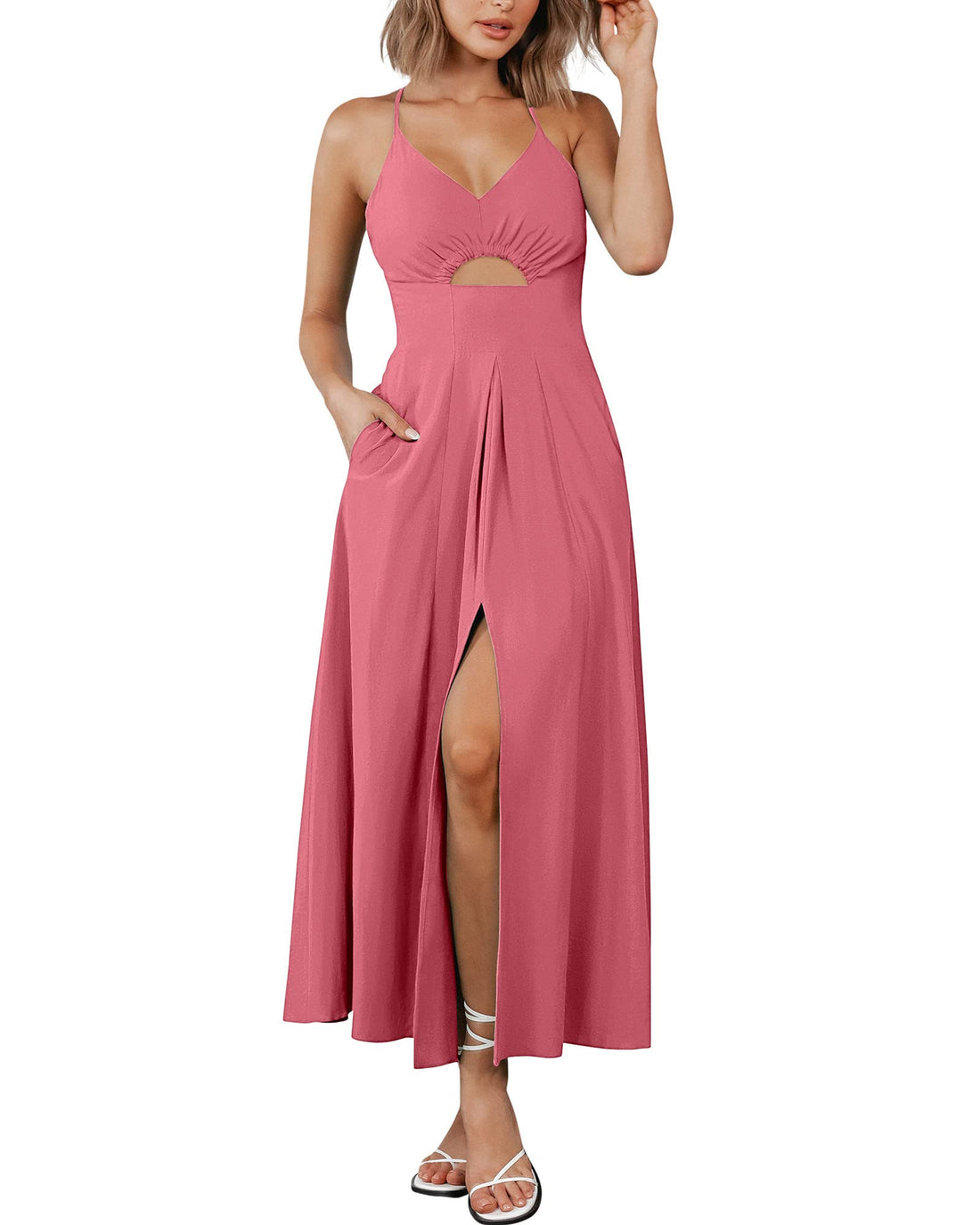 Women's Sleeveless V Neck Cutout Slit Casual Dresses with Pockets