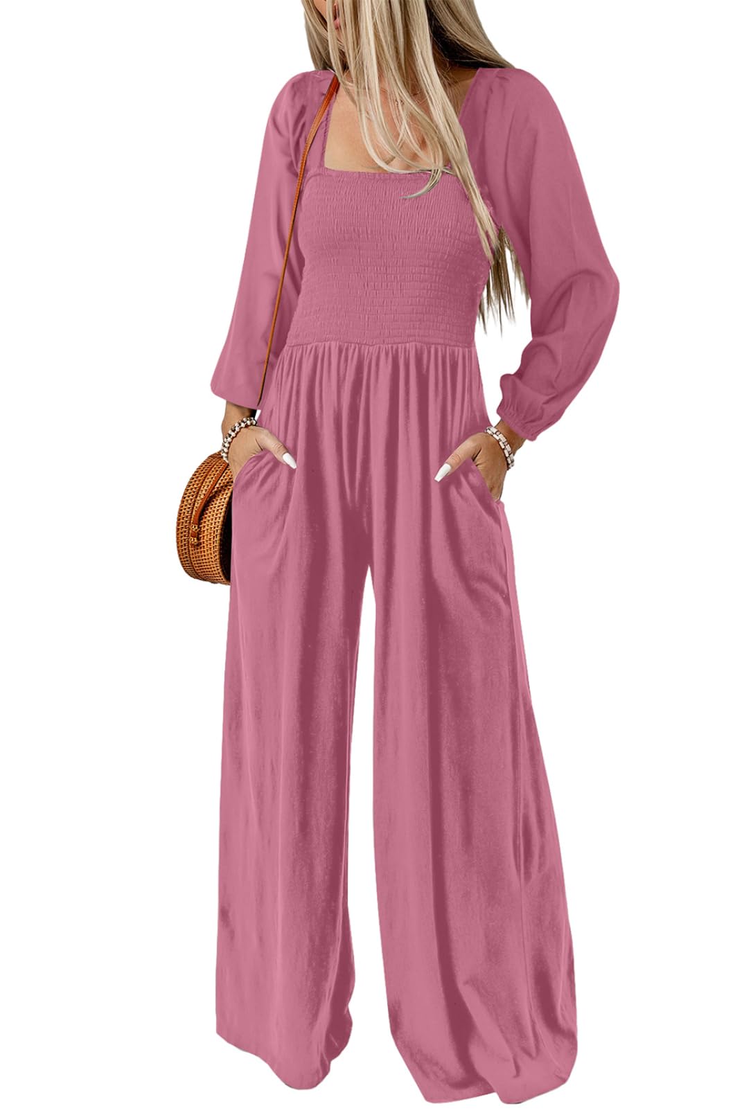 Women's Casual Long Sleeve Loose Wide Leg Jumpsuits Rompers With Pockets