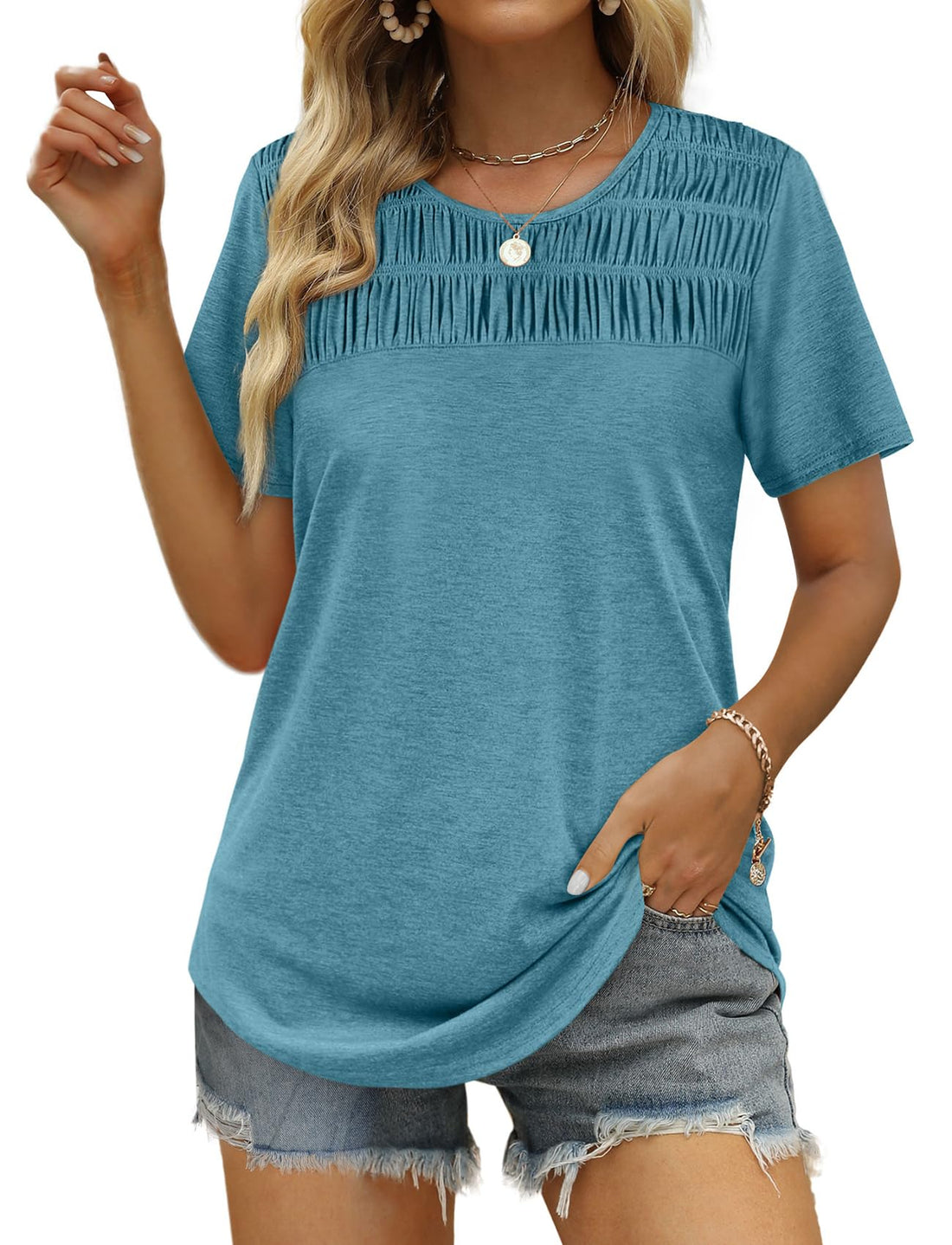 Women's Casual Pleated Crew Neck T-Shirt Solid Top