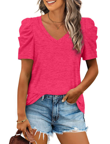Women's Summer V Neck Puff Sleeve Tshirts