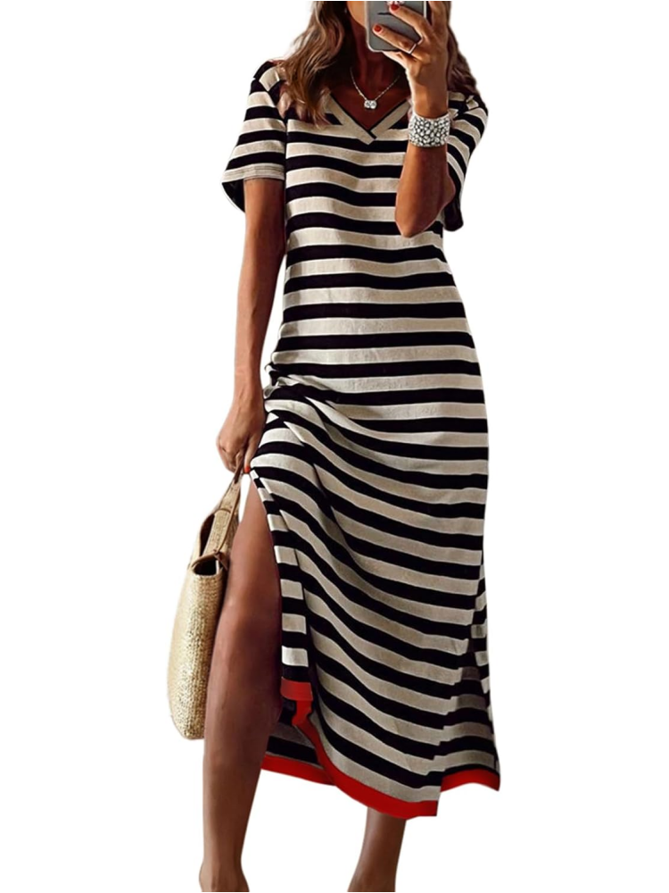 Womens Fashion Short Sleeve Striped Maxi Dress