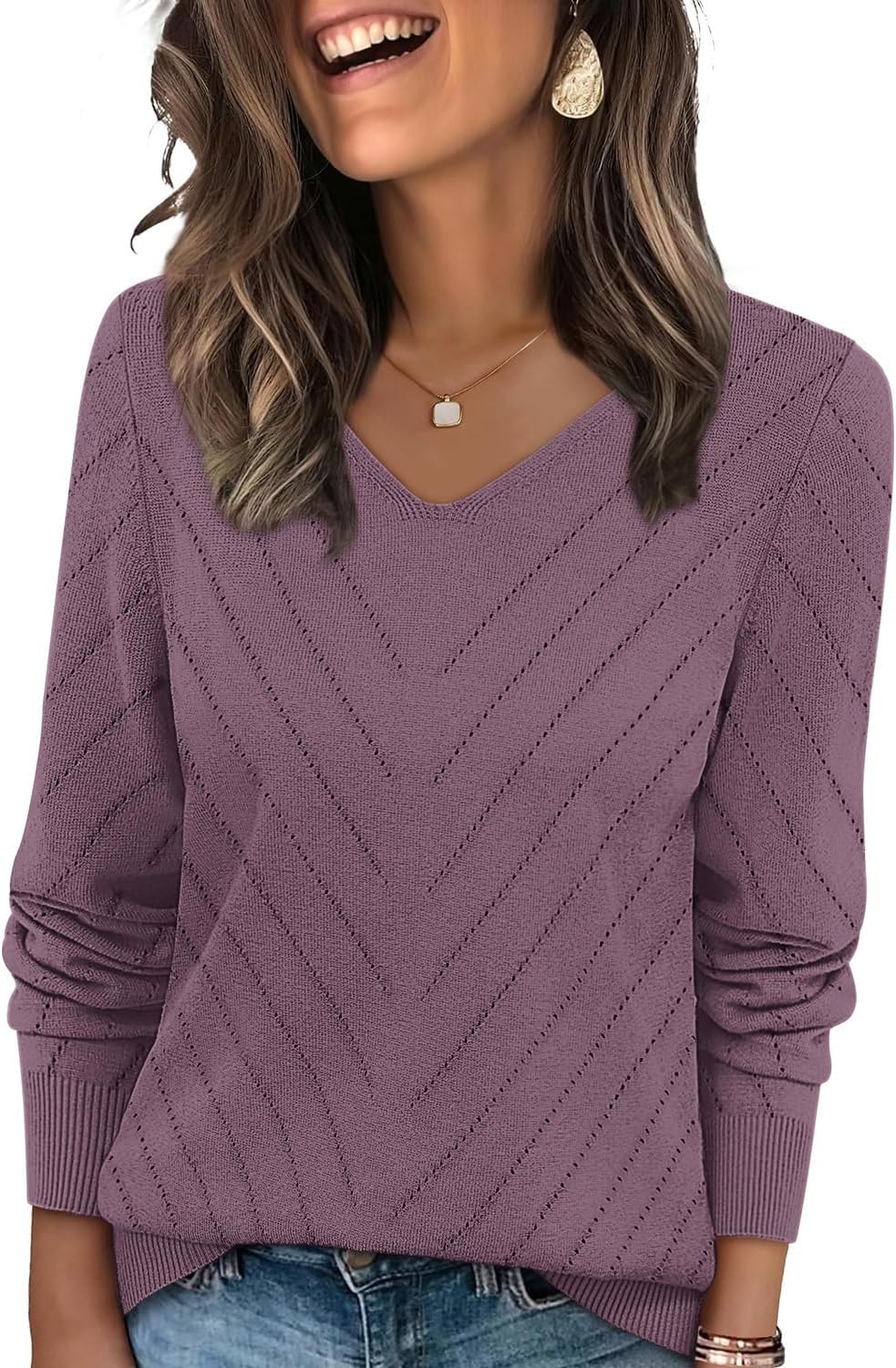 Women V Neck Casual Knit Long Sleeve Tops Lightweight Pullover Sweaters