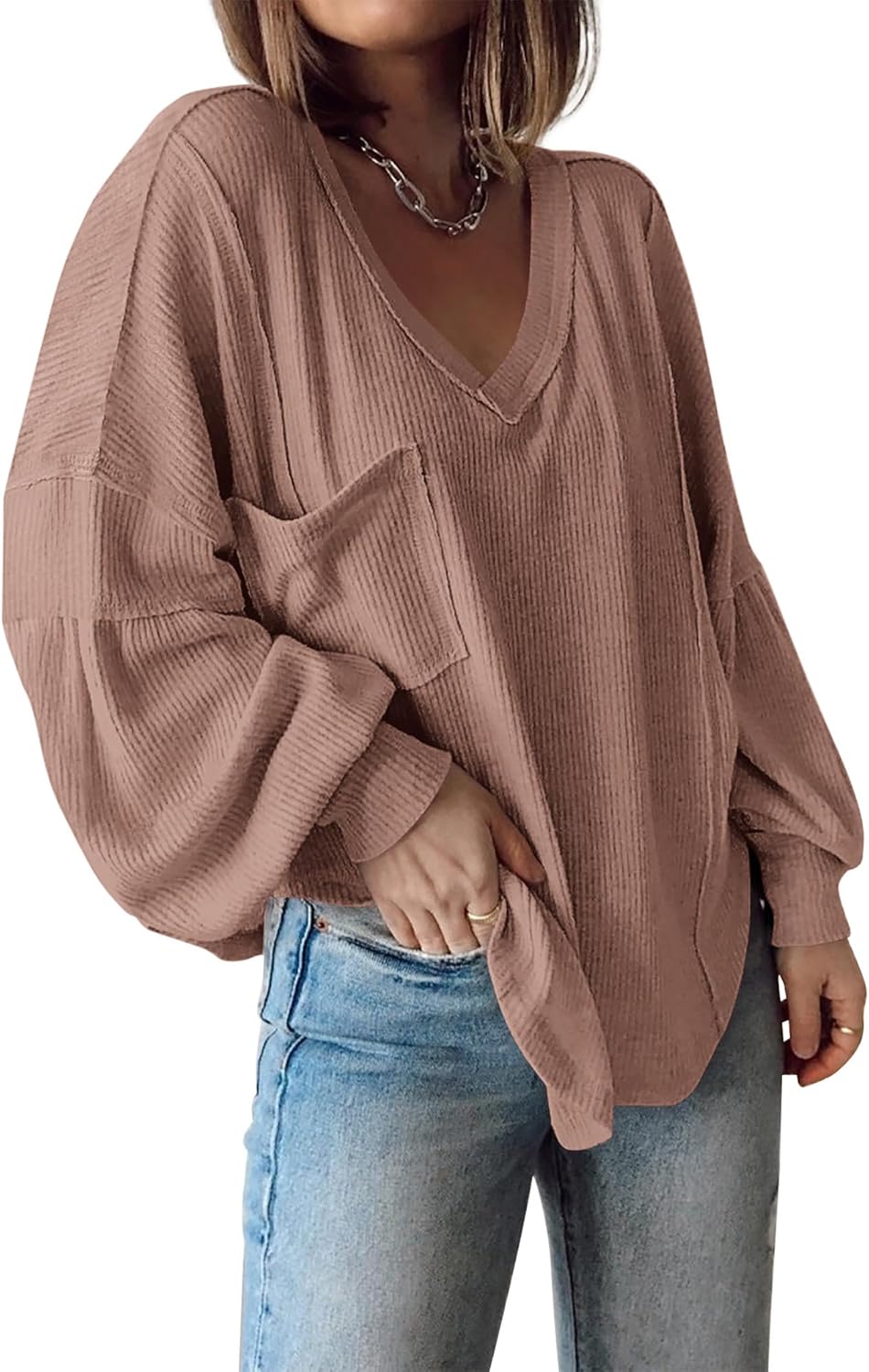 Women's Casual V Neck Ribbed Knit Shirts Fall Pullover Tunic Tops