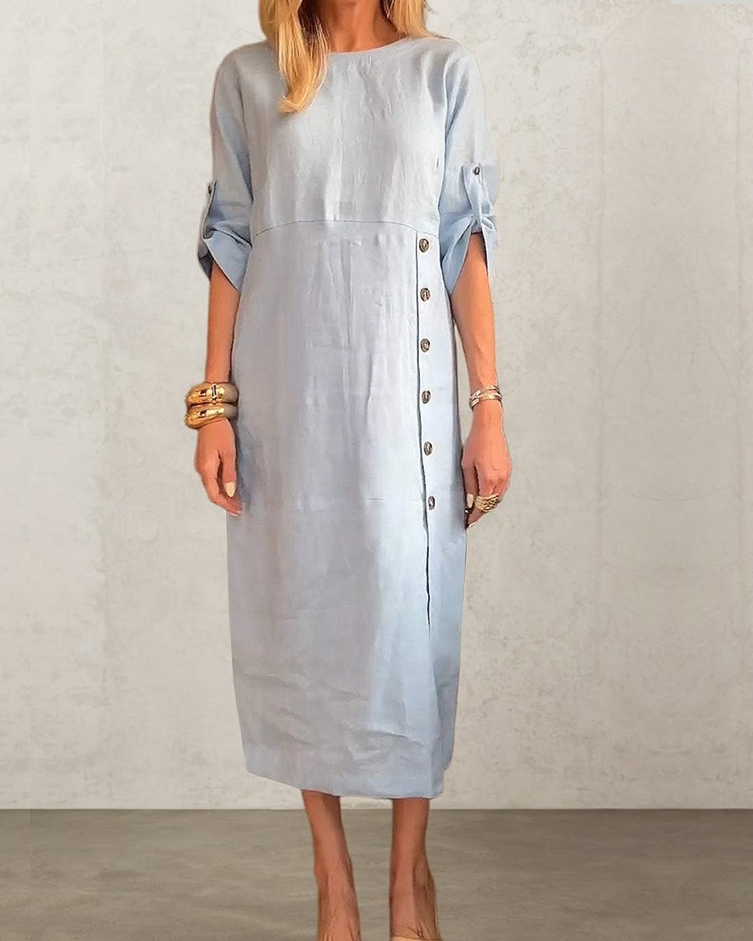 Cotton and Linen Short Sleeve Side Button Shirt Dress