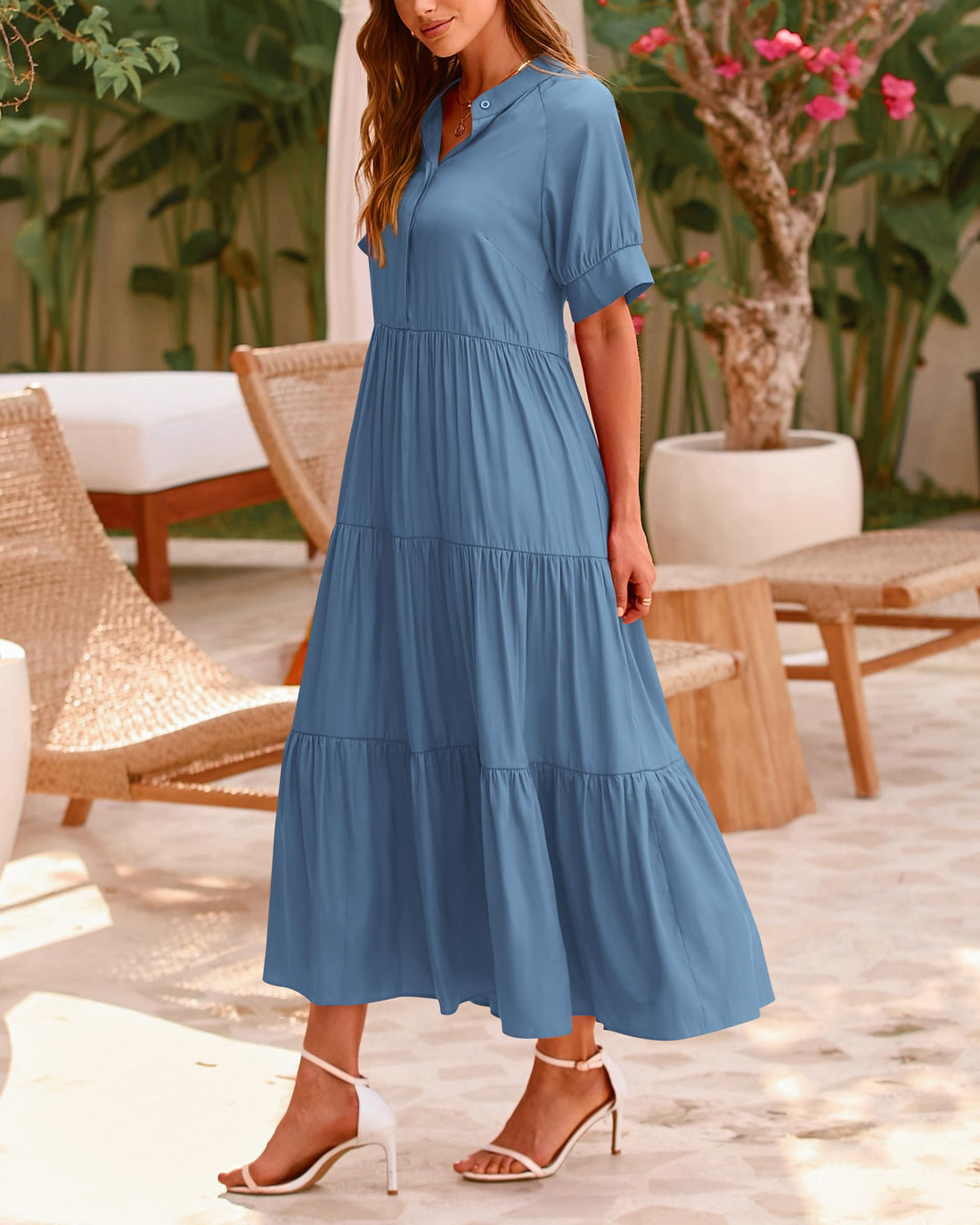 Women's Casual Button Short Sleeve Pleated Tiered Midi Dress
