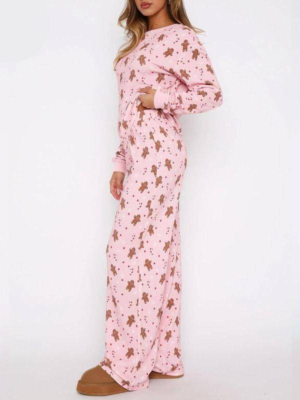 Women‘s Casual Gingerbread Print Christmas 2 Piece Pajamas Set