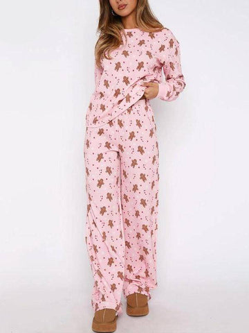 Women‘s Casual Gingerbread Print Christmas 2 Piece Pajamas Set
