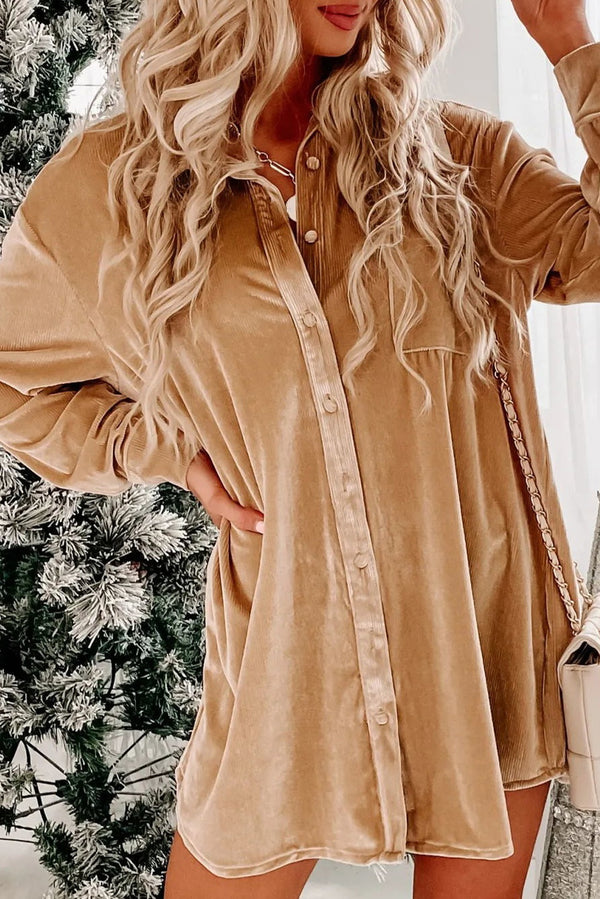 Women's Button Down Velvet Tunic Dress with Pockets
