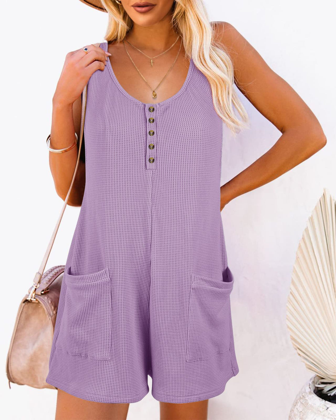 Womens Casual Waffle Button Front Sleeveless Rompers with Pockets