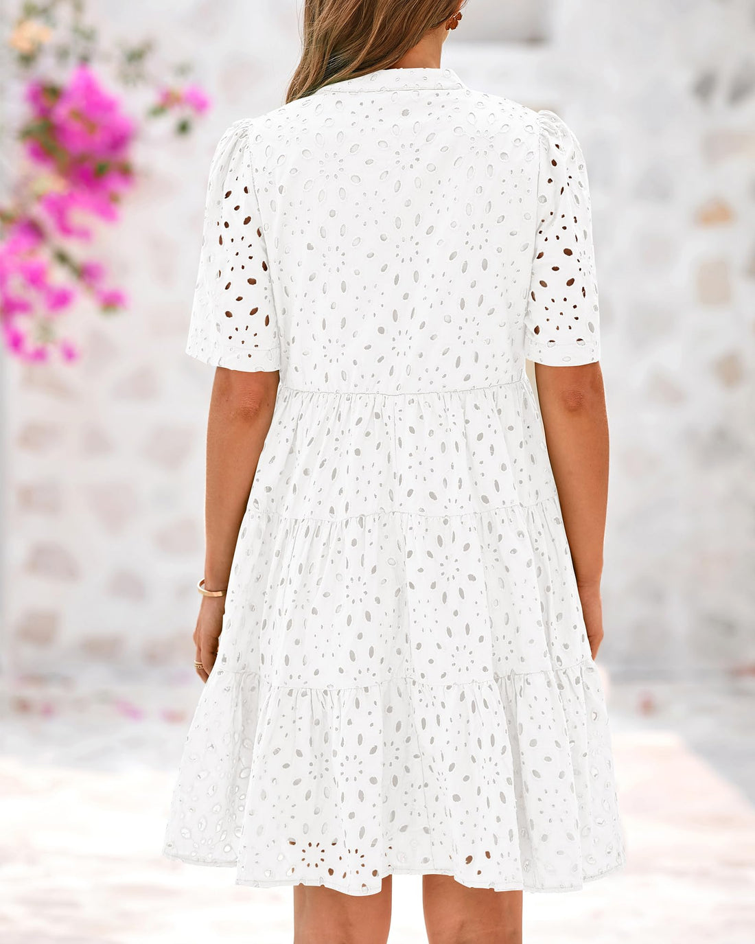 Women's V Neck Short Sleeve Hollow Out Lace Ruffle Summer Dresses