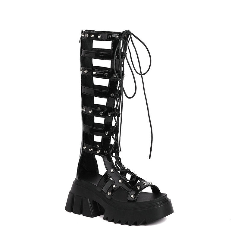 Women's Rivets Black Punk Knee High Gladiator Sandals