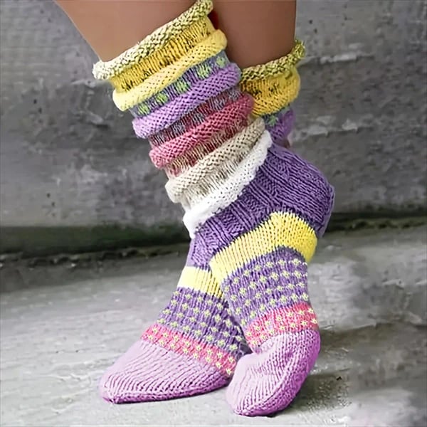 Women’s Cozy Knit Slouch Socks – Colorful Striped Jacquard Winter House Socks
