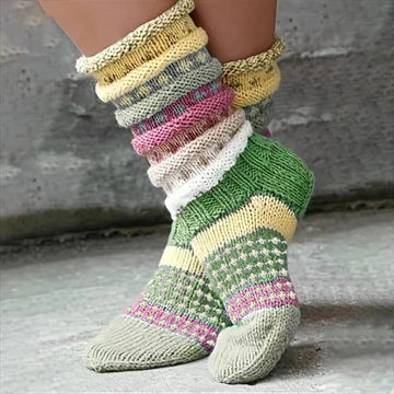 Women’s Cozy Knit Slouch Socks – Colorful Striped Jacquard Winter House Socks