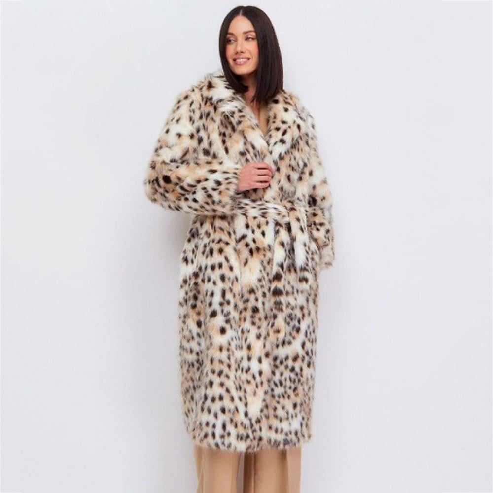 Yellow Faux Fur Coat in Leopard Print Women’s Long Fluffy Outerwear