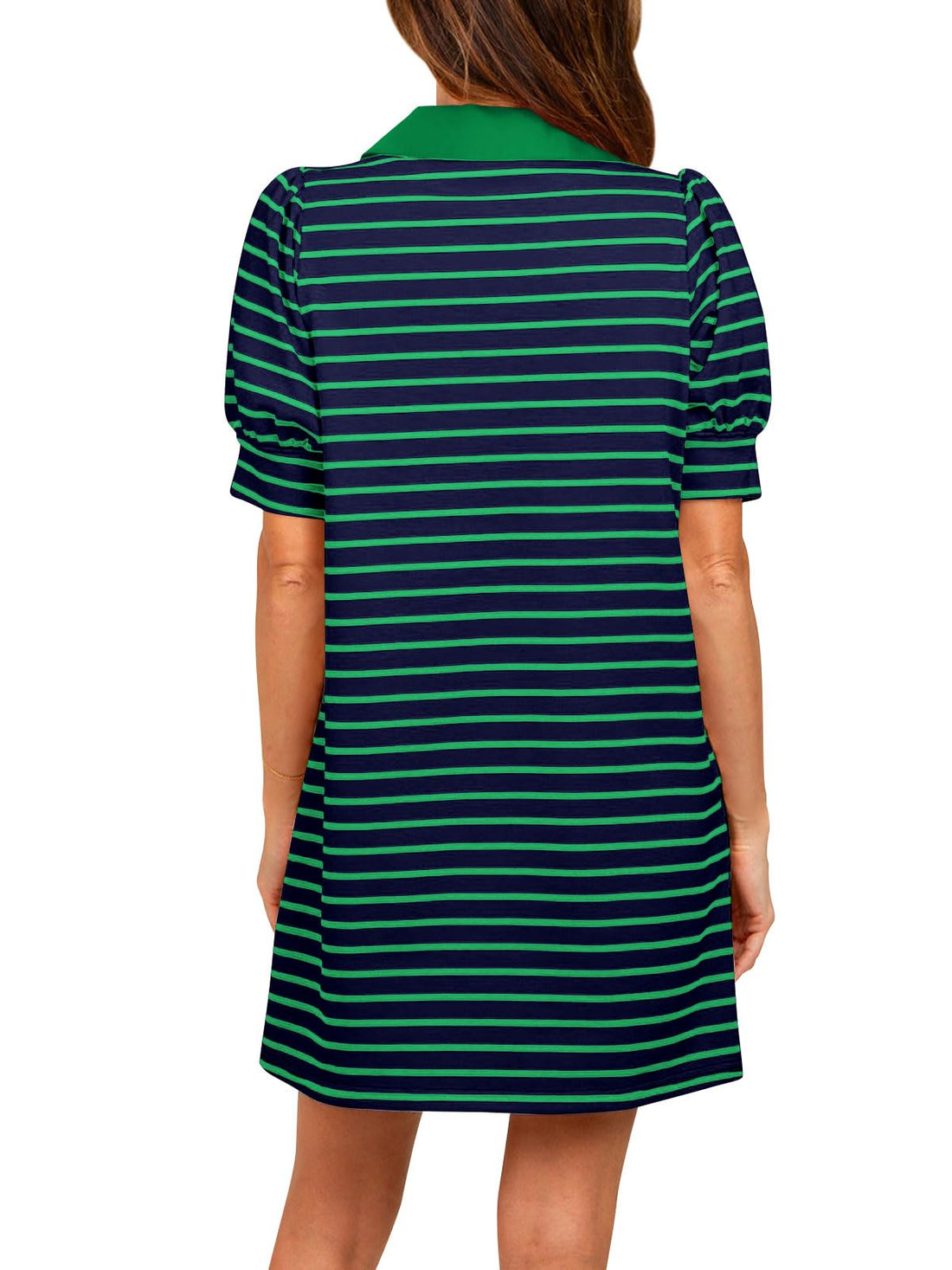 Women's Lapel Collared  Striped Dress Puff Polo Tshirt Dresses with Pockets