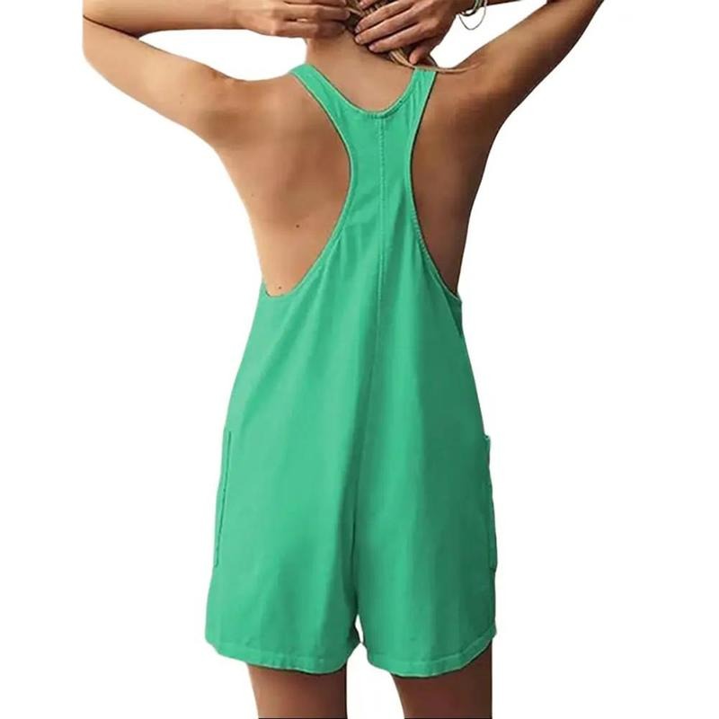 Casual Sleeveless Rompers for Women Racerback Overall Shorts with Pockets