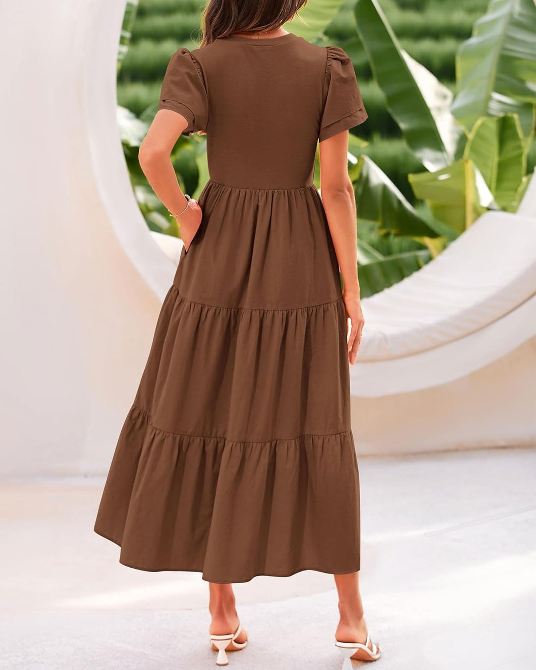 Crewneck Short Sleeve Boho Tiered Maxi Dress with Pockets