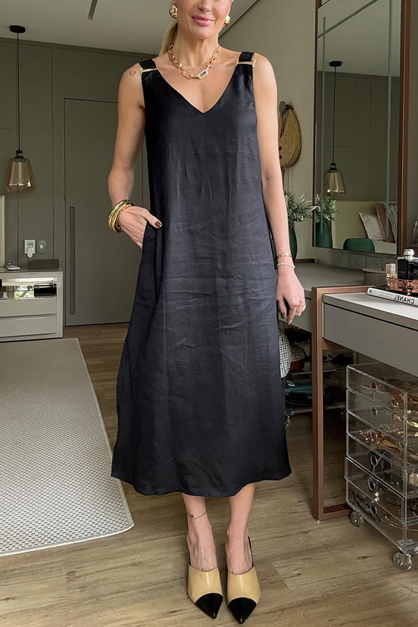 Linen Blend A-line Slit Midi Dress