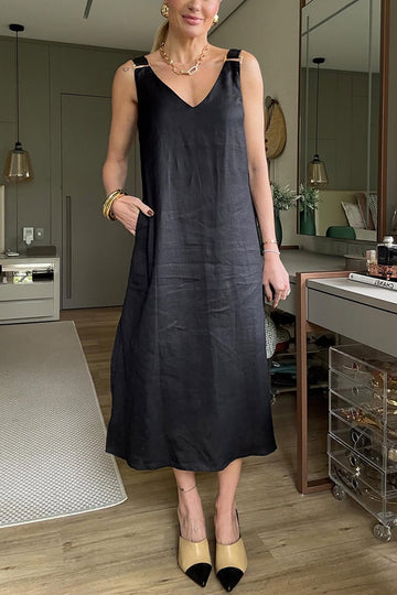 Linen Blend A-line Slit Midi Dress