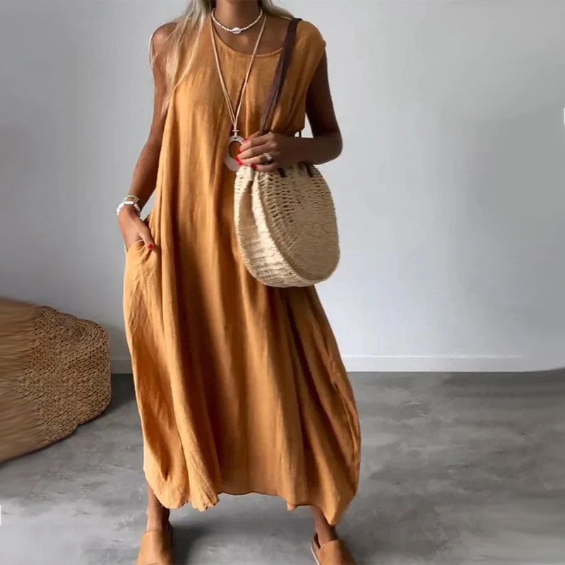 Cotton And Linen Sleeveless Casual Dress with Pocket