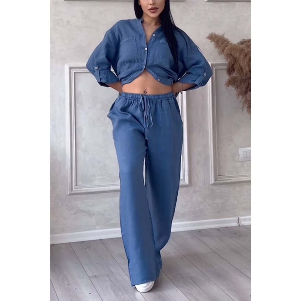 Two Piece Set Made Of Solid Color Cotton And Linen