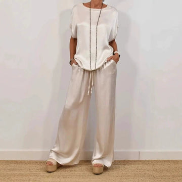 Women's Spring Casual Solid Color Satin Two-Piece Suit