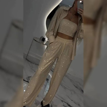 Sequin Blazer And Wide Trousers For Women (3-Piece Set)